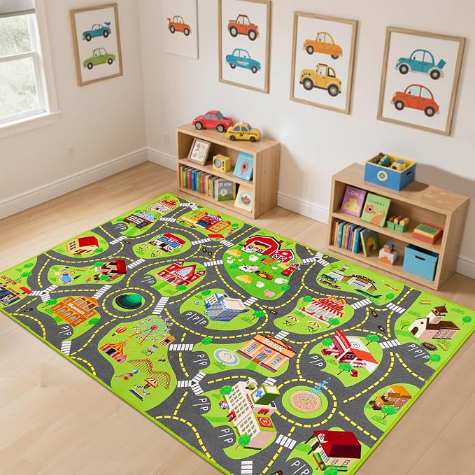 Kids Car Rug Play Mat, Non Slip City Road Carpet for Kids Toy Cars, Car Track Rug Play Mats for Floor, Educational Vehicle Rugs for Playroom Bedroom Kids Room, Machine Washable (60"X36", A)