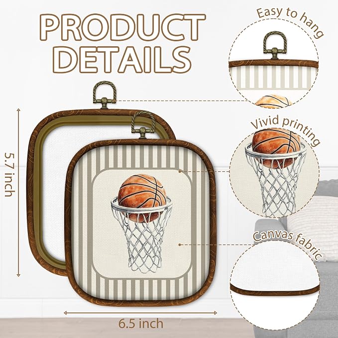 WULQYING Basketball Nursery Wall Art Decor, Sports Nursery Boys Room Square Framed Canvas Art Prints, Neutral Striped Sport Lover Gift Wall Hanging Decor for Kids Boys Room Playroom, 5.7x6.5 Inches