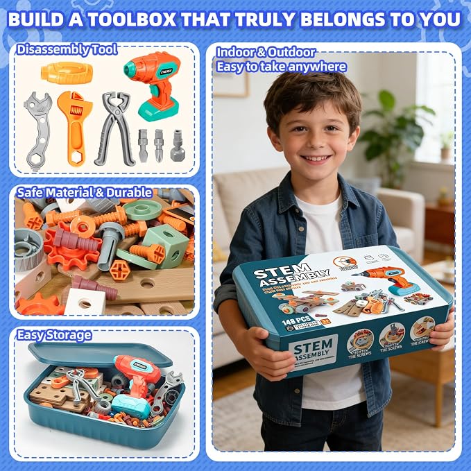 Design and Drill Toy - Toddler Tool Set with Drill & Toolbox, Create And Design Drill Kit Stem Toys for Kids Ages 3-6, Toddler Building Educational Construction Toy for 3-6 Year Old Girl (WOOD COLOR)