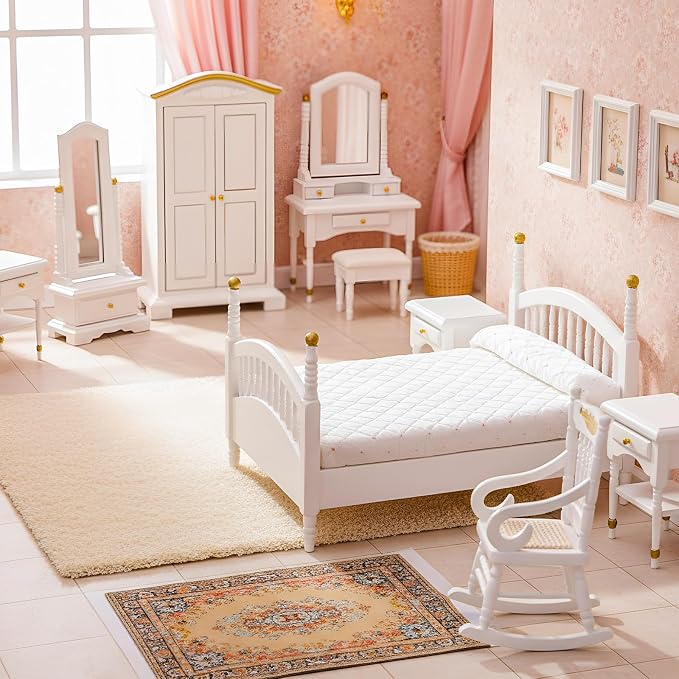Skylety 7 Pcs Wooden Dollhouse Furniture Set 1: 12 Scale Victorian Dollhouse Bedroom Furniture, Bed Dressing Table Wardrobe Carpet for Adults Toys Miniature Doll House Accessories(White,Vintage)