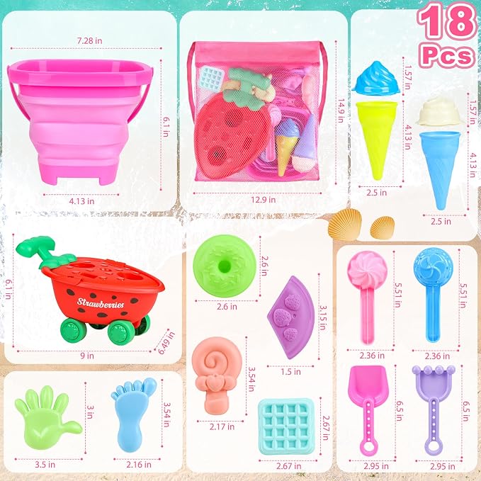 Meaicezli Beach Toys, Ice Cream Sand Toys with Collapsible Beach Bucket, Ice Cream Scoop and Cart, Sand Molds, Mesh Bag, Summer Outdoor Travel Toys for Toddlers 3-5