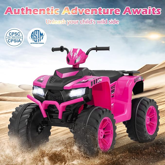 Costzon Kids ATV, 24V Four Wheeler Quad Ride on Car w/Forward/Backward, 2 Speeds, Wireless Connection, Music, Radio, LED Lights, Electric Vehicle Toddler 4 Wheeler for Kids, Boys & Girls 3-8 (Pink)