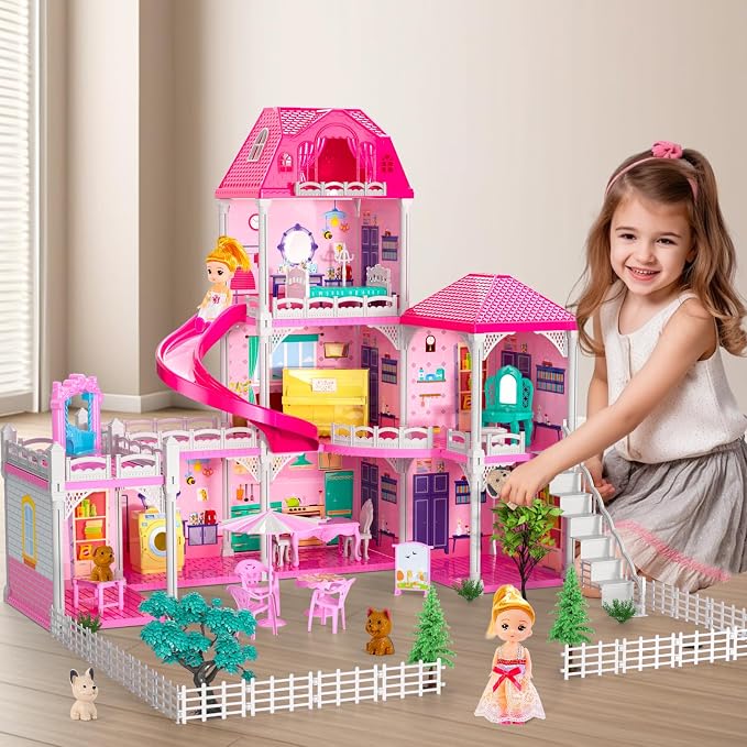3-Level DIY Dollhouses for Girls with 7 Themed Rooms, 2 Dolls & 4 Dogs - Dolls House Toys with Slide, Furniture & Accessories for 4-8 Years Old