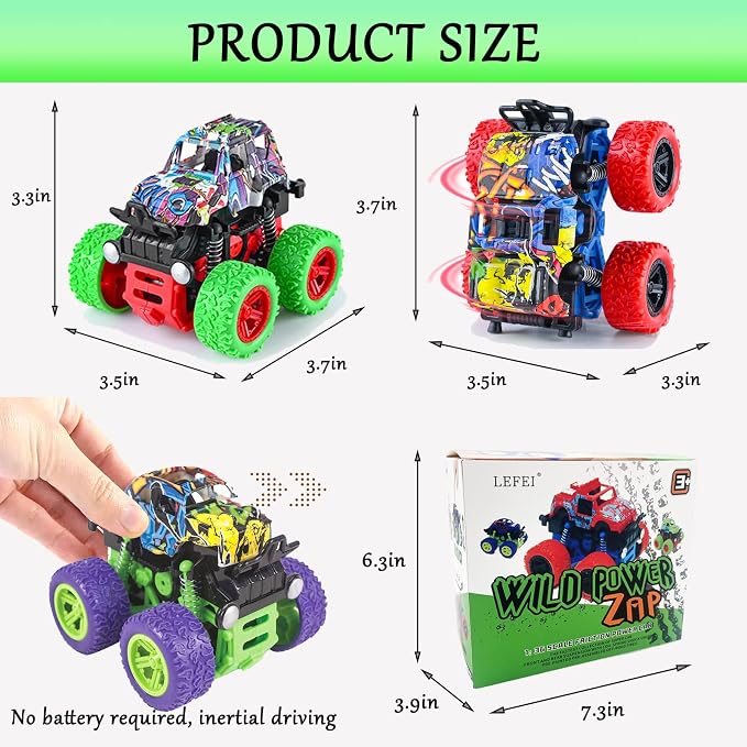 Push and Go Friction Powered Car,Toys for Boys 3-7 Years Old, Monster Toys Truck 4 Pack 360° Rotating Stunt Cars,Double-Directions Inertia Pull Back Vehicle Set,Birthday Party Gift for Kids