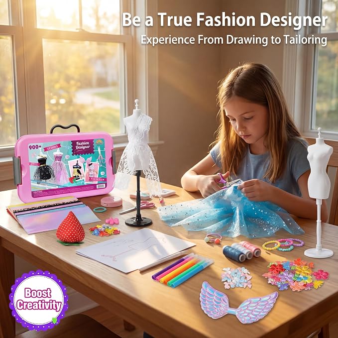 AGENTLAN Fashion Designer Kit, 900+ Dress Making Kit, DIY Craft Kit | Fashion design studio, sewing & no-sew, DIY fashion play with storage bin, gift for girls ages 6-12
