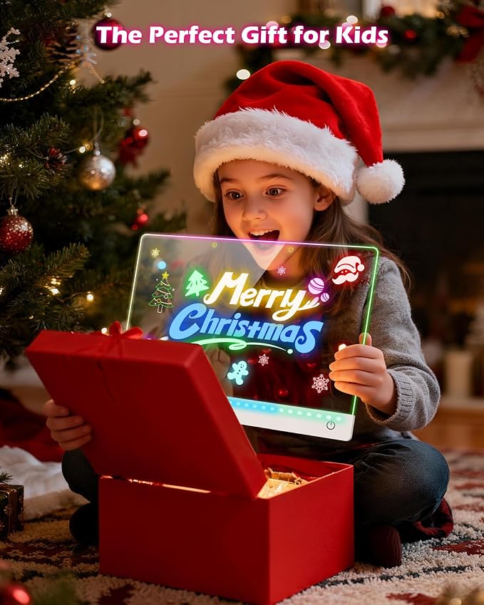 LED Drawing Board for Kids - 17" Flicker-Free Glow Doodle Drawing Pad with 11-Color Light Modes, Soft Light Dry Erase Note Board with Stand, Hanging Chain, 12 Markers, Gifts for Kids (1 PCS)