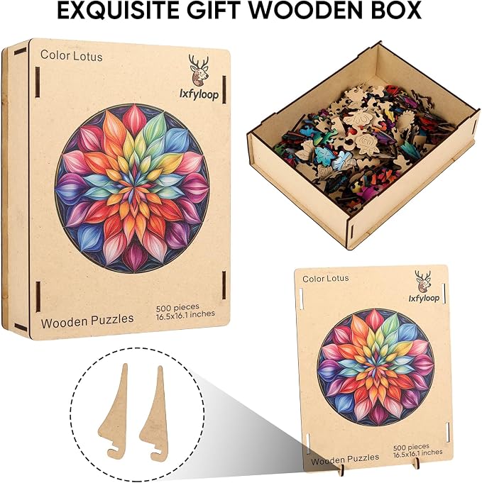Ixfyloop Mandala Puzzles for Adults, Wooden Puzzles for Adults, Wood Puzzles Adult Unique Shaped Lotus Puzzle 500 Pieces, Wooden Jigsaw Puzzles for Adults Birthday Gift 16.1x16.5 in