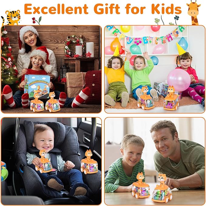 ShinySong Press and Go Car for Toddlers, 2 Pack Light Up Baby Animal Car Toys with Visible Gears, Birthday Gifts for Boys Girls, Giraffe & Tiger