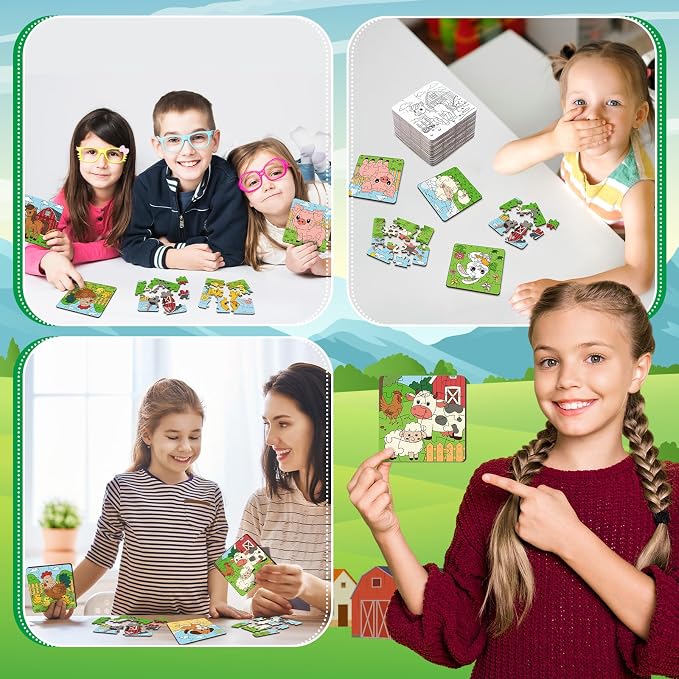 Realspring 24 Pack Farm Animal Color Your Own Jigsaw Puzzles for Kids 3-5, 4-6, 6-8, Coloring Crafts DIY Paper Puzzles Party Favors Gifts for Toddler Children Learning Education Toys
