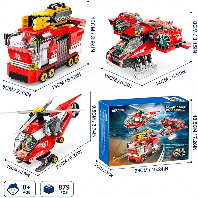 3 in 1 City Fire Rescue Building Sets, Compatible with Lego City, Fire Truck, Helicopter & Rescue Plane, 9 Rebuildable Modules, 3 Firefighter Figures, STEM Toys Gift for Kids Boys Age 8-12 + (879 PCS)