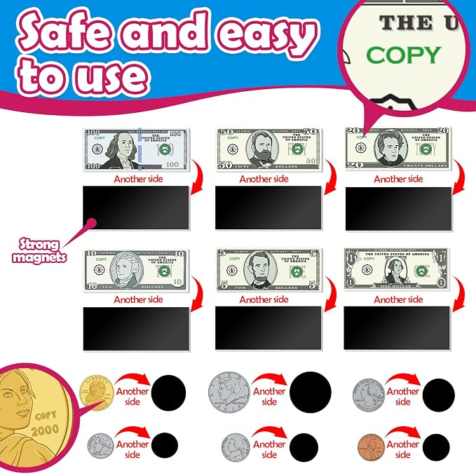 Kasfalci 73 PCS Magnetic Money for Kids for Learning, Math Manipulatives, Learning & Education Toys for Classroom, Pretend Play, Math Games for Toddler, Teacher and Homeschool Supplies