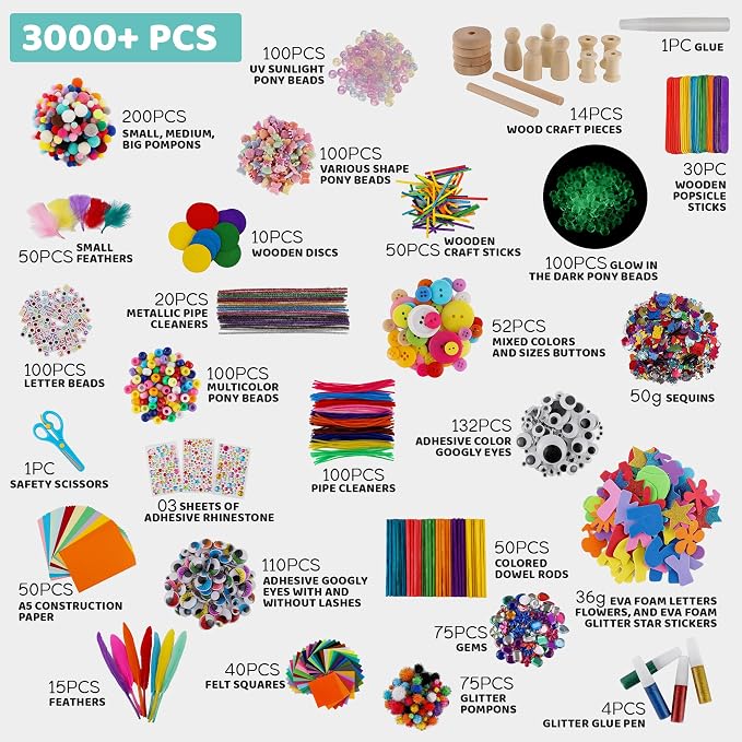 A&R CO. 3000+ Pcs Arts and Crafts Supplies & Materials for Kids - Ultimate Bulk Craft Kit for Boys & Girls with 99 Activities Book for Ages 3-5, 4-6, 6-8, 8-12