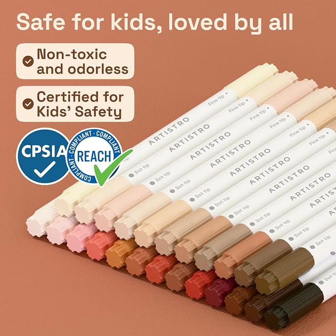 ARTISTRO 24 Skin Tones Dual-Tip Acrylic Paint Markers – Paint Pens Set with Dot & Fine Tips for Fabric, Rock, Glass, Wood, Coloring Books – Arts & Crafts Gift – Classroom Must Haves & School Supplies