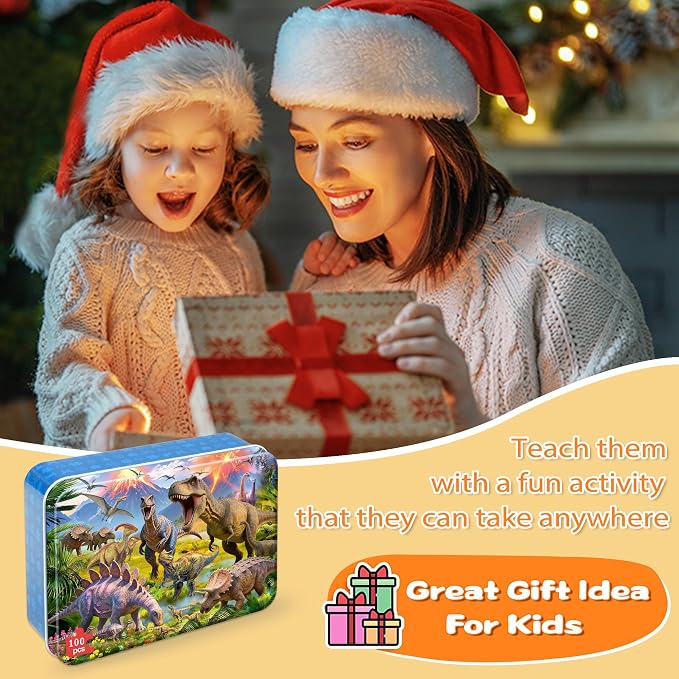 LELEMON Puzzles for Kids Ages 4-6,Dinosaur 100 Piece Puzzles for Kids Ages 6-8 in a Metal Box,Educational Jigsaw Puzzles,Childrens 100 Piece Puzzle Games Puzzle Toys for Girls and Boys