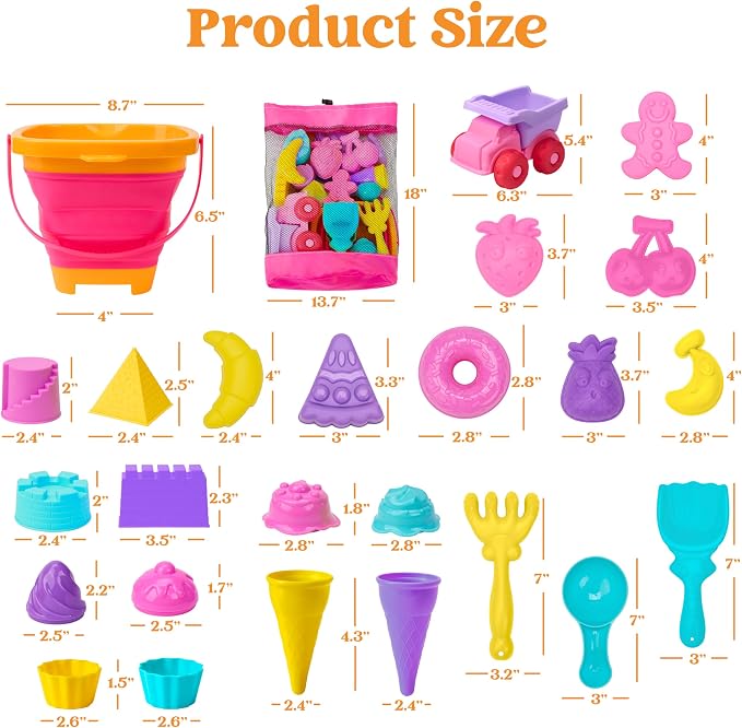 Sloosh Beach Sand Toys Set - Pink Dump Truck Car Toy with Sand Molds, Collapsible Buckets Mesh Bag Shovels Castle Ice Cream Mold for Ages Kids Toddlers Sandbox Toys Gifts Travel Vacation (Foods)