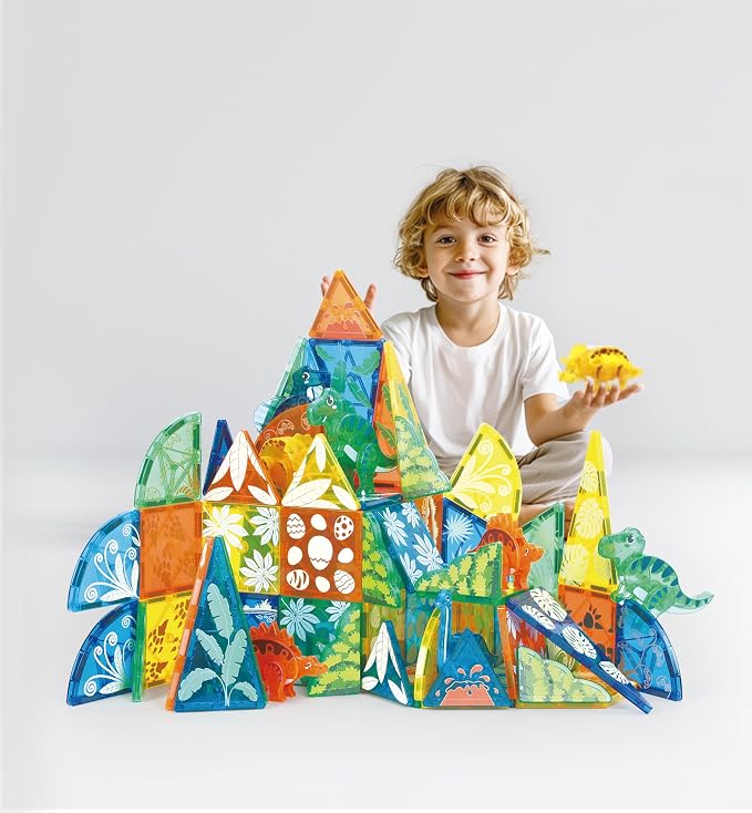 MEGAGONTILES Dinosaur Magnetic Tiles Set 106PCS | STEM-Authenticated Magnet Building Blocks with Dinosaur Animals | Educational Construction Toy for Toddlers & Kids Ages 3–8 (Boys & Girls)