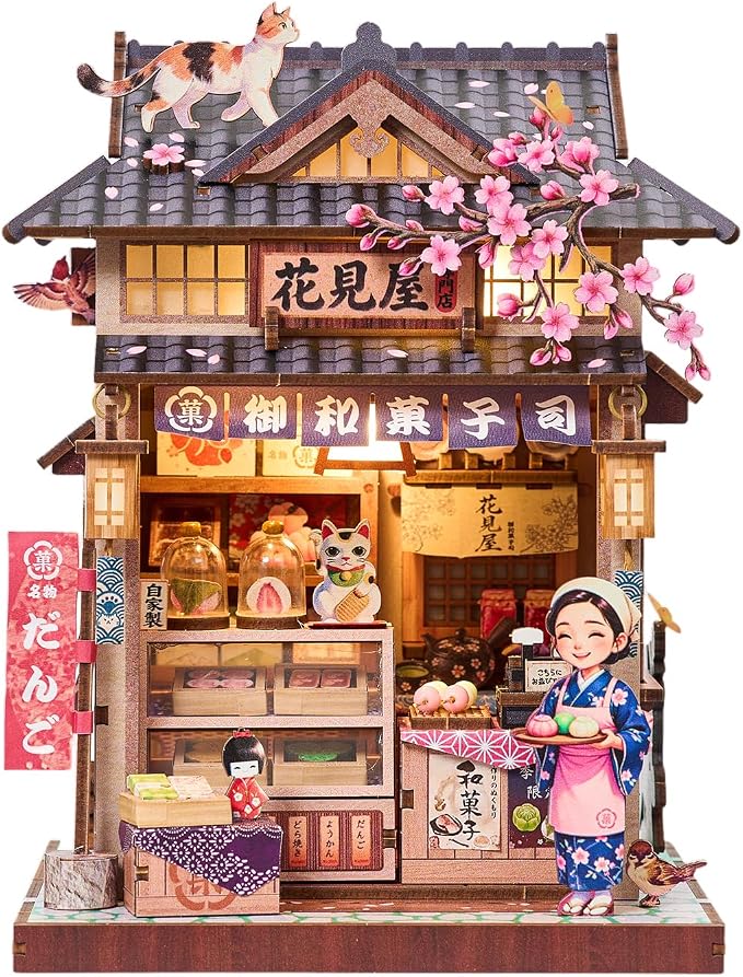 DIY Miniature Dollhouse Kit, Japanese Wagashi Shop 3D Wooden Puzzle with LED Light, Cherry Blossoms & Furniture, Cozy Home Decor, Relaxing Craft Hobby for Adults,Hanamiya