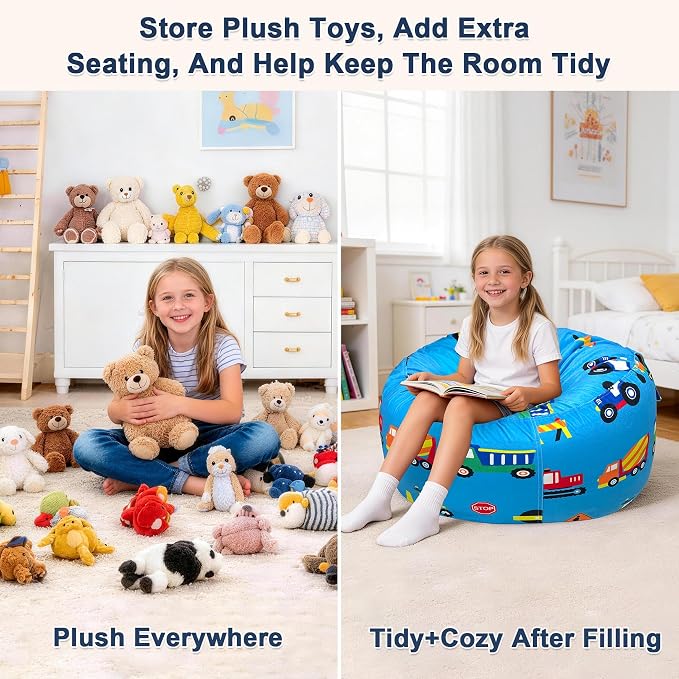 Lukeight Stuffed Animals Storage Bean Bag Chair Cover for Kids, Cozy Velvet Plush Toy Organizer Seat, Cover Only, No Filling Included, Long YKK Zipper, Side Pocket, X-Large 30 x 18 in