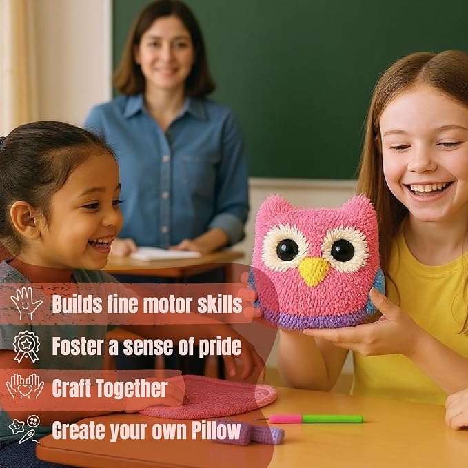 CRAFTILOO Latch Hook Kit for Kids Rug DIY Pillow Craft with Hook, Precut Yarn, Easy to Follow Pattern Cute Designs with Wise Owl Ages 6+