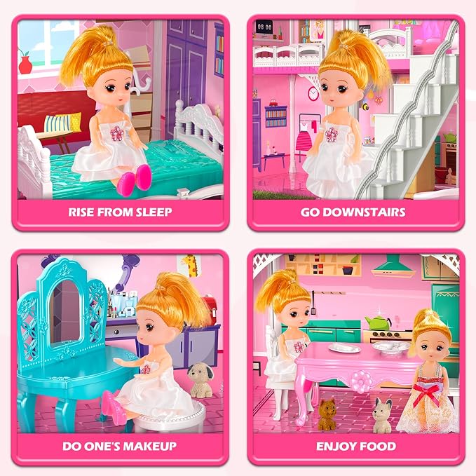 Doloowee DIY Dollshouse for Girls 4-8 - 2-Story House with 3 Themed Rooms, 2 Dolls, 4 Dogs, Slide & Yard - Dolls House Toys for Imaginative Play