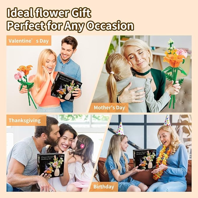 15PCS Flower Bouquet Building Set, 523PCS Floral Blocks Toy for Kids