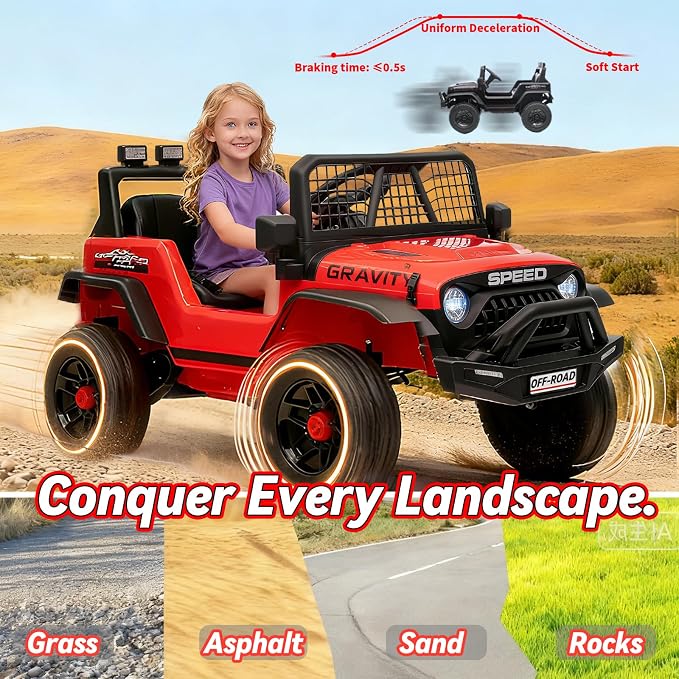24V Ride on Toys w/Remote Control, 4WD Kids Ride on Truck Car, 3 Speed, Bluetooth Music, Wide Seat, Spring Suspension, LED Light, Birthday for Boys Girls Toddler (Black+Red)