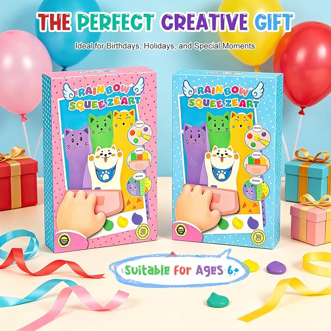 Rainbow Squeeze Art Kit, DIY Creative Scratch Art Kit for Kids, Magic Artistic & Creative Squeegee Painting Set, for Drawing &Postcards, Favors Novelty Gifts for Boys & Girls (Mix)