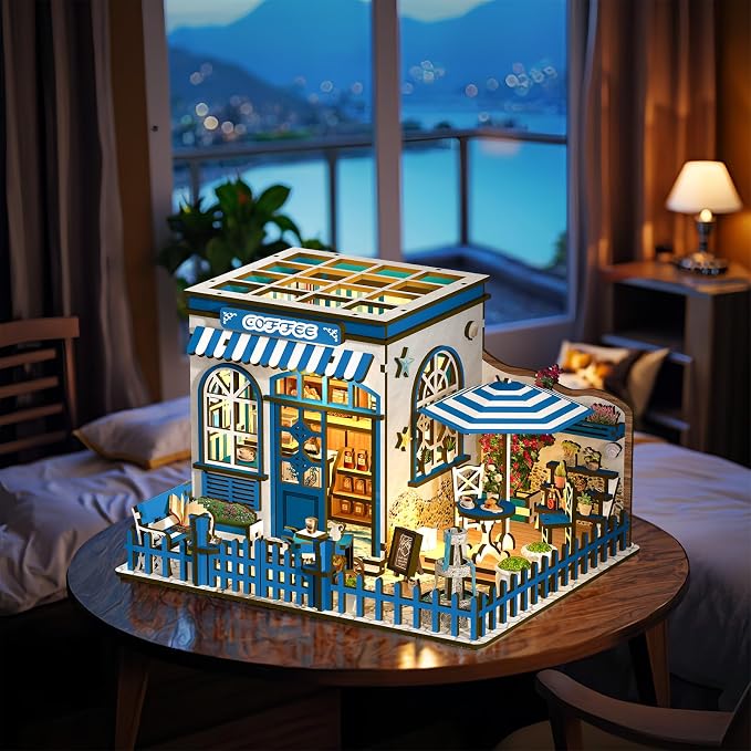 DIY Miniature House Kit, Coffee Shop Book Nook Kit, Mini Building Kit, Dollhouse Kit for Adults and Teens, 3D Wooden Puzzles with LED Light, Craft Kit for Family and Friends(Sunny Coffee Shop)