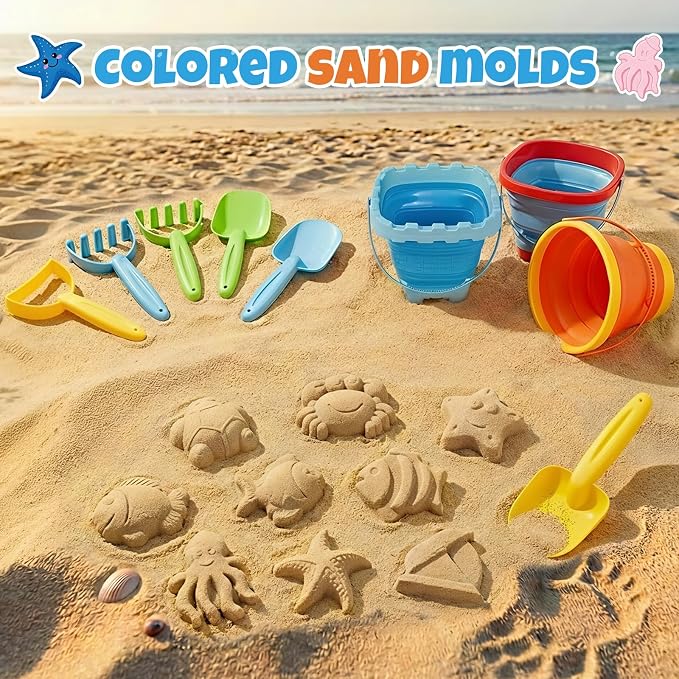 Beach Sand Toys Set for Toddlers, Portable Travel Beach Toys with 3 Collapsible Buckets, 3 Shovels, 3 Rakes, 9 Molds & Backpack for Kids, Summer Gift,Beach Tourism