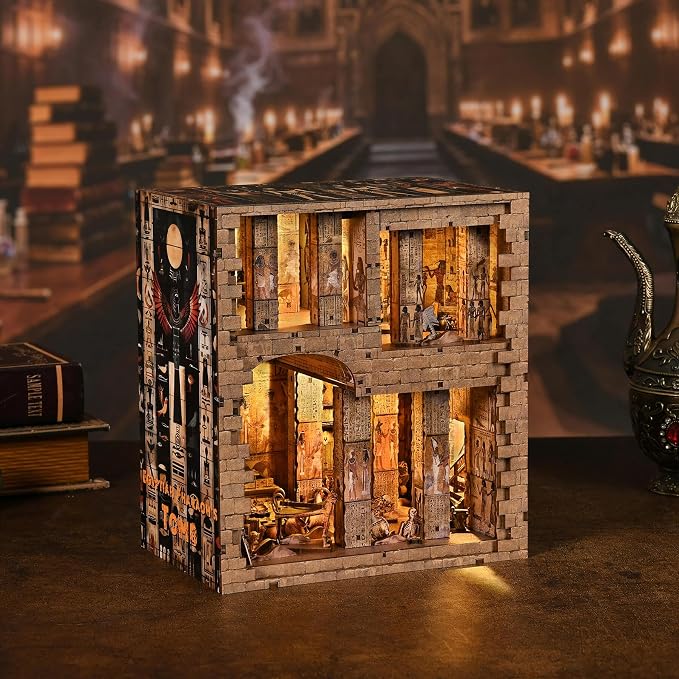 fifijoy Book Nook Kit - DIY Miniature House Dollhouse Kit for Adults and Teens, 3D Wooden Puzzle Booknook Build Bookshelf Decor with LED Light, Gifts for Family and Friends (Egyptian Pharaoh's Tomb)