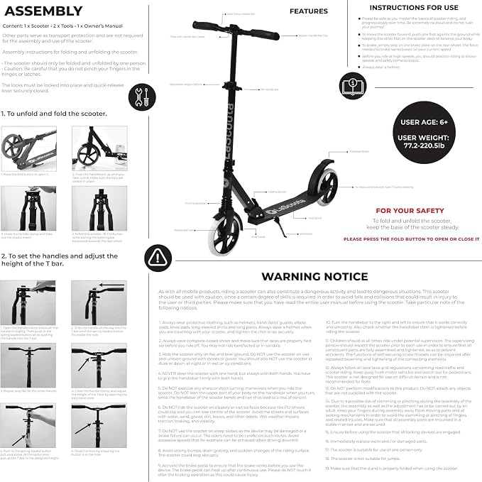 LaScoota Kick Scooter for Kids Ages 6+, Teens & Adults, Large 8" Sturdy Urethane Wheels. Adjustable Handlebar, Lightweight, Foldable, 220lbs Max Load