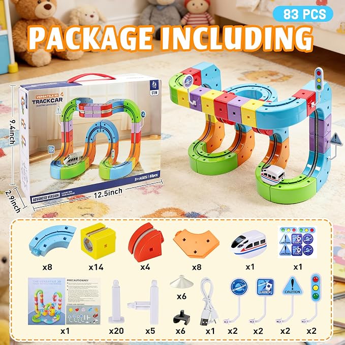 Electric Train Set for Kids, 83PCS Modular 3D Infinity Racer Magnetic Train Sets with Motorized Train, 3–8 STEM Building Train Tracks for Creative Learning, Electric Train Set Gift for Boys and Girls