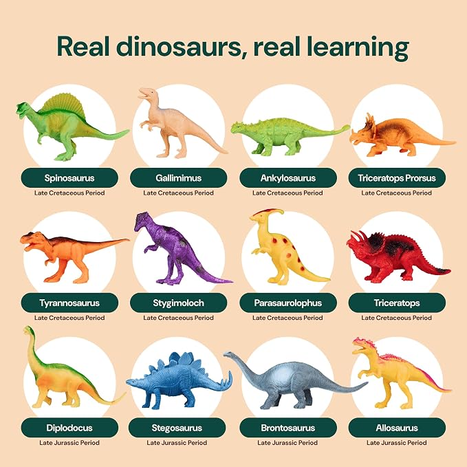 PLAYVIBE Dinosaur Toys - 12 Realistic 7-Inch Models, Multi-Color, Metal Storage Box - Dinosaur Figures & Action Figures for Kids Ages 3-7