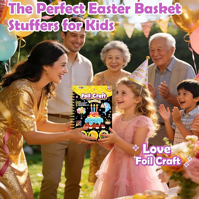 FUNNYB&G Foil Art Craft Kit for Kids 4-10 Years Old: Mess-Free & No-Glue, Create 16 Sparkly Happy Birthday Pictures – Perfect Travel Toy & Birthday Gift for Kids(Happy Birthday)