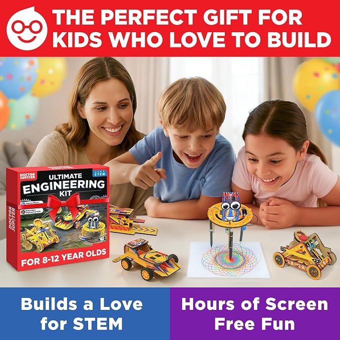 Doctor Jupiter Ultimate Engineering Kit for Kids Ages 8+ | Build Your Own Catapult, Race Car & Scribbling Robot | Birthday Gift Ideas for Boys & Girls 8-9-10-11-12 Year Olds | STEM Kit,Educational Toy