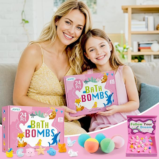 Bath Bombs for Kids with Surprise Inside, 24 Pack Kids Bath Bombs with Toys Inside Gift Set, Kid Bubble Bath Fizzy for Girls Boys with Bath Toys (Pink Edition)