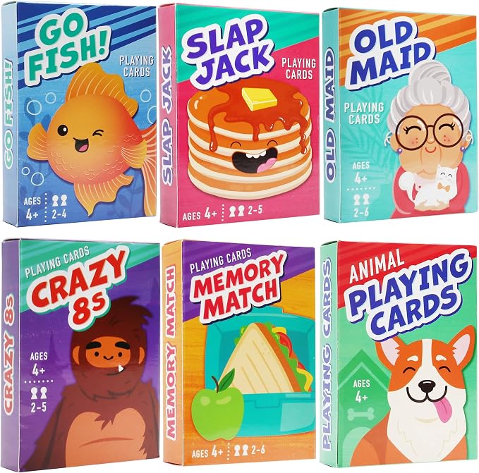 LotFancy Card Games for Kids, 6 Decks, Go Fish, Old Maid, Crazy Eights, Memory Match, Slap Jack, Animal Playing Cards, Easter Basket Stuffers, Stocking Stuffers, Birthday Gifts