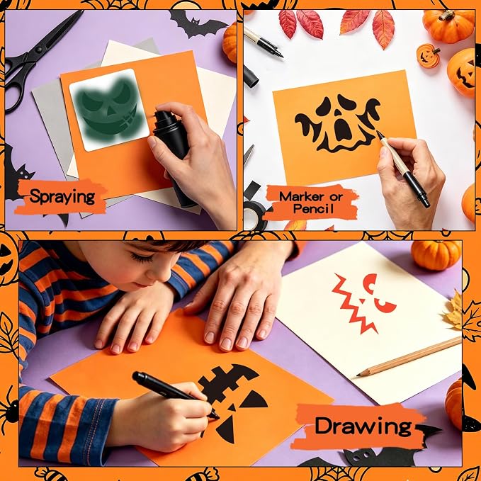 40 PCS Halloween Drawing Stencils, 6 Inch Plastic Reusable Pumpkin Faces Painting Stencil, Jack - O'-Lantern Painting Templates for DIY Pumpkin Carving, Wood, Walls Art and Halloween Decoration