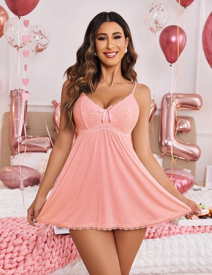 Avidlove Women Nightgown Sexy Sleepwear Lace Chemise V-neck Modal Babydoll Lounge Dress