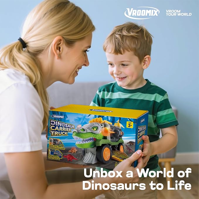 Vroomix JOVA Dinosaur Toys for Kids 3-5, Dinosaur Carrier Truck with 2 Pcs Cars and 6 Pcs Figures for Toddlers, T.Rex Truck with Launcher and Darts, Birthday Gifts Toys for 3 4 5+ Year Old Boy