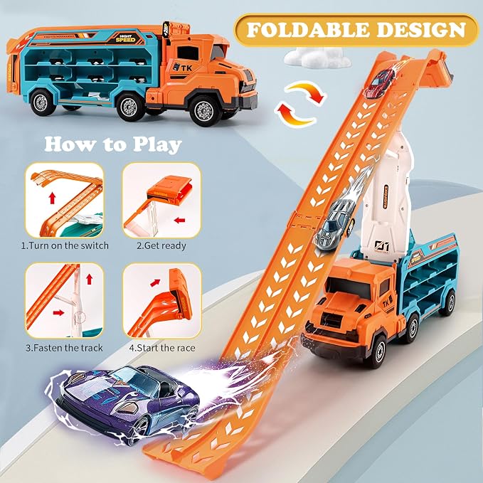 Toddler Car Truck Toys,Car Carrier Truck Toy for Kids Age 3-5 4-8,Foldable Car Track Sets with 2.8-Ft Race Track and 6 Die-Cast Race Cars, Truck Toys Gifts for 3 4 5 6 7 8+ Year Old Boys Girls(orange)