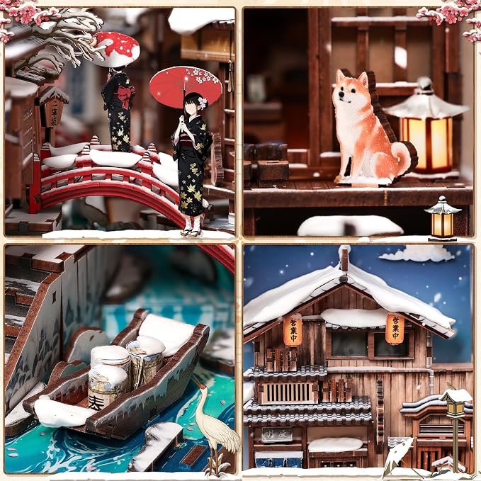 Fsolis Book Nook Kit for Adults – Japanese DIY 3D Wooden Puzzles | Japan Winter Scene Miniature House Building Bookshelf Diorama Gift for Women Puzzle Lovers (Kyoto Snow Whisper)