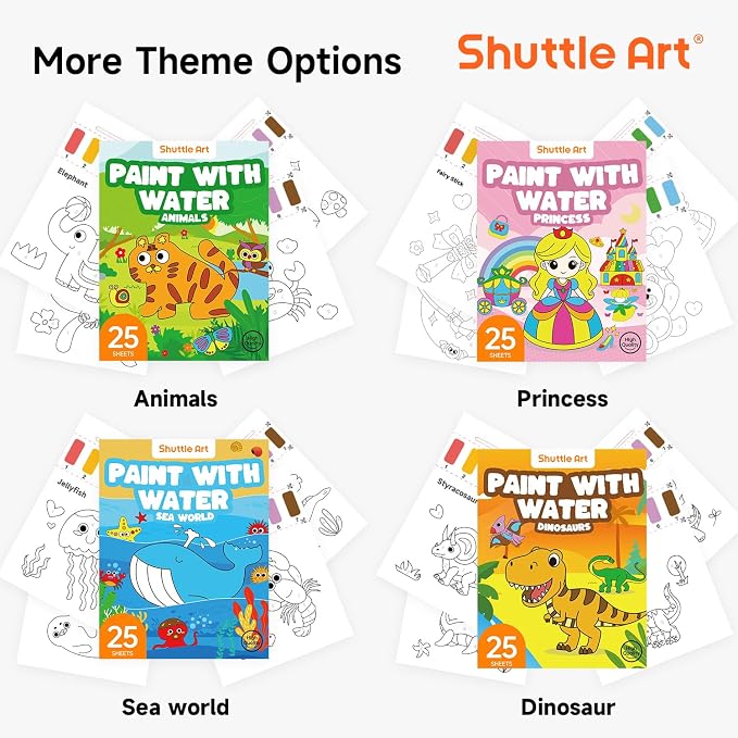 Shuttle Art Paint with Water Coloring Book for Kids, 25 Dinosaur Themed Pages with 2 Brushes, Mess-Free Watercolor Paint Set, Travel-Friendly Art Craft Gift for Toddlers, Birthday Christmas Gift