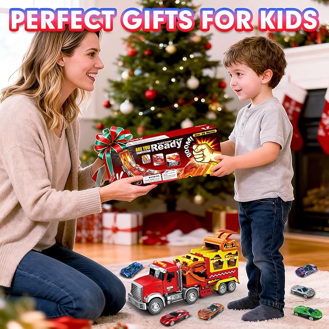 Truck Car Toys for 3, 4, 5, 6, 7, 8 Years Old Kids, Carrier Truck Race Track Toys, Foldable Transport Car Toys with Foldable Race Tracks and 6 Metal Cars, Birthday Gifts for Toddler Boys Girls (Red)
