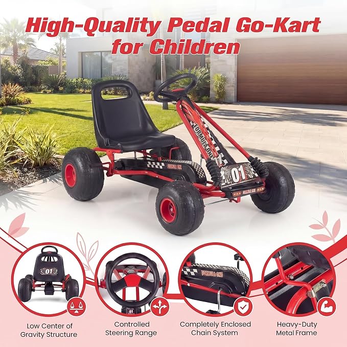 Costzon Pedal Go Kart, 4 Wheel Ride on Toy Pedal Car with Adjustable Seat, Forward/Backward & Handbrake, Outdoor Bicycle Go Cart with Wear-Resistant Wheels, Gift for Boys and Girls (Red)