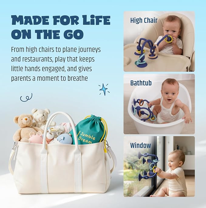 Jumble Jangle Baby Teething Toys – BPA-Free, Multi Purpose High Chair Toys & Sensory Toys for Kids with Autism: Suction Teething Relief with Sensory Toy Textures for Infants & Toddlers (Green)