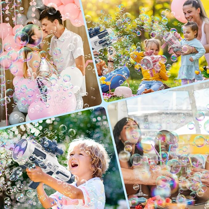 Bubble Guns Automatic with Build-in Bubble Solution (4.4 oz), 3 Fans Drive 6X Lens Bubble Blower Machine, Cool Favors for Summer Ourtdoor Party Birthday Wedding Toy