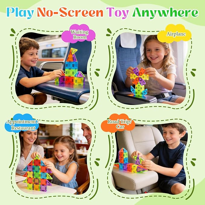 Mini Magnetic Tiles Travel Set- Travel Toys with Portable Iron Box, Rounded Edges, Colorful Sensory Toys for Ages 3+, Building-Creativity Gifts for Kids, Home Airplane Car Trip, 29 PCS