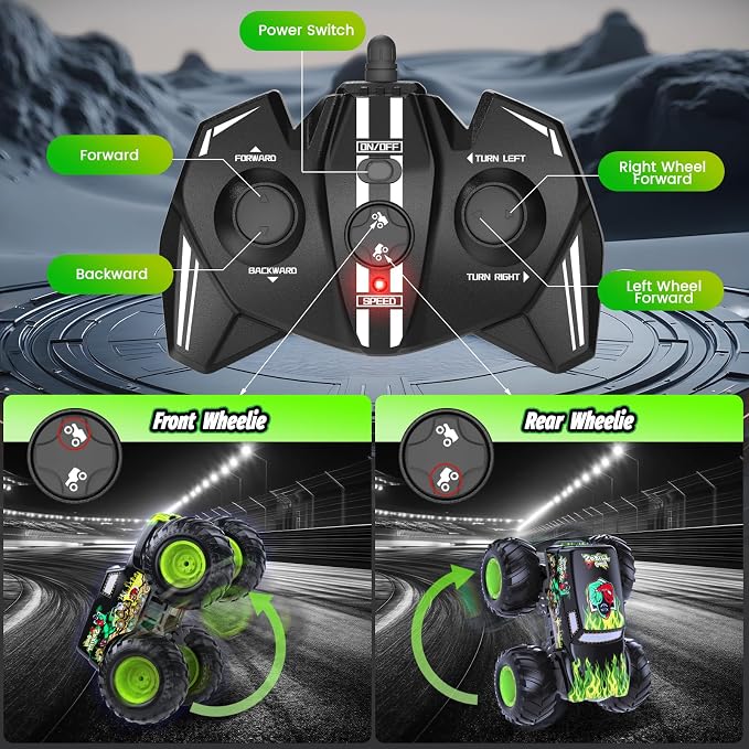Amphibious Remote Control Monster Truck for Kids, Self-Balancing 4WD Stunt RC Truck with Wheelie Action, Waterproof All-Terrain Off-Road Big Tire Toy Car for Boys Girls Ages 6–12, Pool Gift