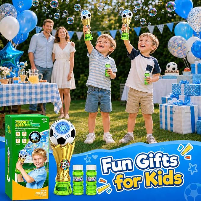 Bubble Machine for Kids, Light up Bubble Wands with 2 Solutions, Outdoor Toys for Kids Ages 3-5 4-8, Soccer Toys for Boys, Birthday Party Gift for 3 4 5 6 7 8 Years Old Boys and Girls